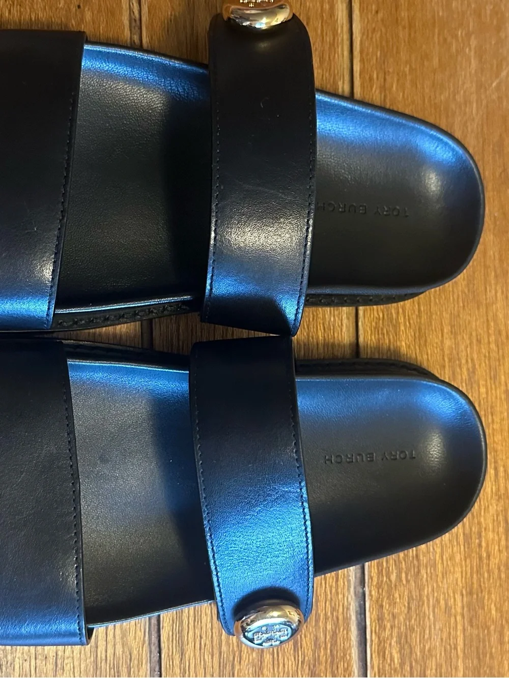 Tory Burch Black Leather Double-strap Slide Sandals with Logo Medallion